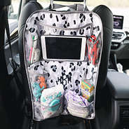 black sassy spots seat organizer on back of seat