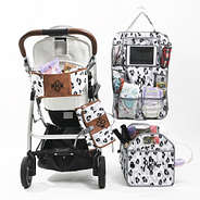 black sassy spots seat organizer with stroller caddy, baby changing pad, and trunk organizer