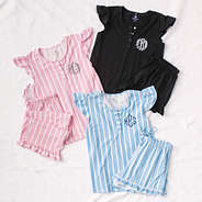 pink and blue and white black monogrammed ruffle pajamas