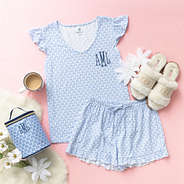 blue shells ruffle pajamas flatlay