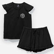 monogrammed ruffle sleep set in black