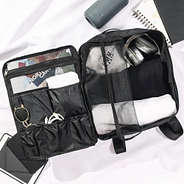 open shot of bag on black packable backpack