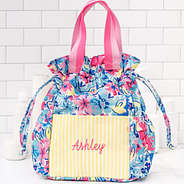 personalized toiletry bag in watercolor whimsy on counter