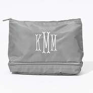 monogrammed double layer makeup bag in mushroom with white monogram