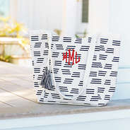 navy carry all tote on porch with red monogram