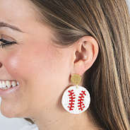 Monogrammed Baseball earrings in ear