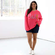 Yall sweater with denim skirt