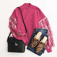 magenta sequin fringe sweater flatlay