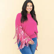magenta sequin fringe sweater on julia ann cropped
