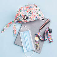 personalized coral floral scrub cap with clipboard and lanyard