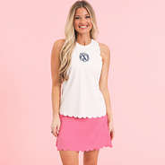 white monogrammed exercise tank top with hot pink skort zoomed