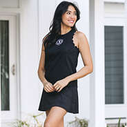 black monogrammed exercise tank top with black skort