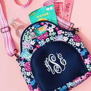 monogrammed pink posey lunch box with snacks