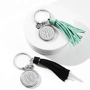 monogrammed tassel key chains in black and mint