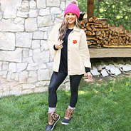 clemson tigers paw ivory white sherpa shacket with leggings and duck boots