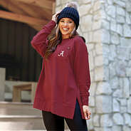 alabama crimsom crewneck sweatshirt on brunette with black beanie in mountains