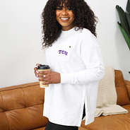 Mia wearing TCU Crewneck