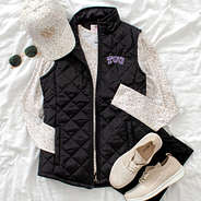 tcu puffer vest flatlay leopard hat sneakers shirt