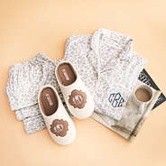 tan quatrefoil slippers with monogrammed snow leopard pajamas