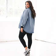 back of light wash monogrammed denim shacket