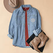 light wash denim monogrammed shacket cowboy boots ootd