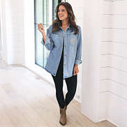 monogrammed denim shacket with boots