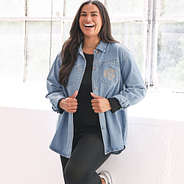 personalized light wash denim shacket with leggings