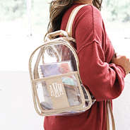 gold clear backpack purse on peyton - up close