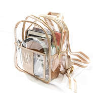 gold clear backpack purse with props inside