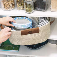 khaki personalized woven basket in pantry