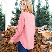dusty rose waffle shirt on rachel back view