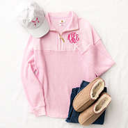 light pink waffle knit pullover flatlay