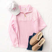 light pink waffle knit pullover flatlay