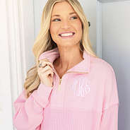 light pink waffle knit pullover up close on ashley