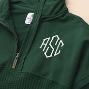 close up of monogrammed waffle knit pullover