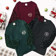 burgundy emerald and black monogrammed sequin sleeve sweatshirts
