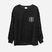 Monogrammed Sequin Sleeve Sweatshirt in Solid Black