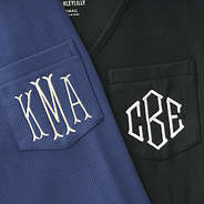 close up of indigo and black pajama monograms