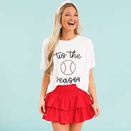 baseball sequin sports tee on ashley with red skirt