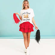 cheer sequin sports tee with red skirt and pom poms