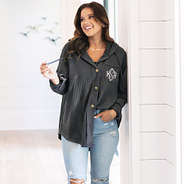 waffle charcoal knit shacket with jeans