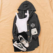 waffle knit charcoal monogrammed shacket with sneakers
