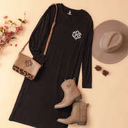 black long sleeve midi dress flatlay