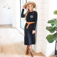 black long sleeve midi dress with wide brim hat