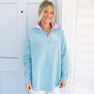 girl wearing personalized faith pullover in blue and pink seersucker