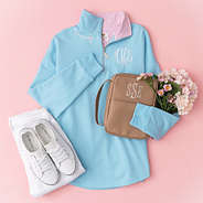 monogrammed faith pullover in blue and pink seersucker outfit