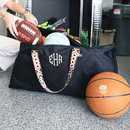foldable monogrammed black extra large storage bag with sports balls inside