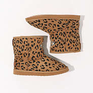 studio shot of leopard print sherpa booties