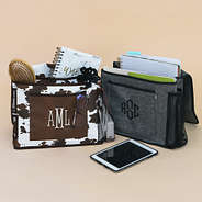 cowhide and heathered grey bedside monogrammed caddys