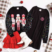 nutcracker sweatshirt with sequin dress flatlay